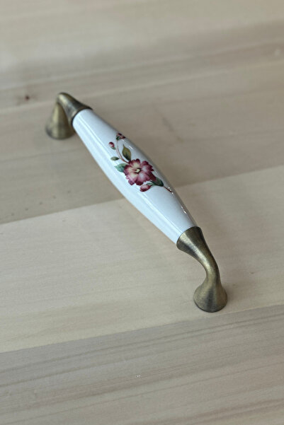 Pembe Çiçek Desenli Gerçek Porselen Çekmece Kulpu Pirinç Eskitme 128 mm,