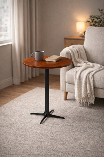 MARIA HOMES Modern Brown Round Coffee Table with Black Base, 70x70x75 CM