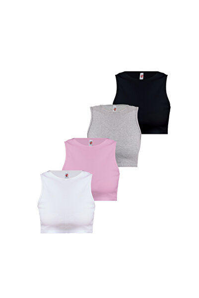 flaze Women's 4-Piece Basic Cropped Athlete Set - Corded Fabric Ribbed Knit Z...