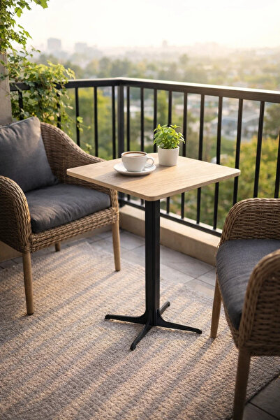 MARIA HOMES Beige Coffee Table with Black Base, 60x60x75 CM