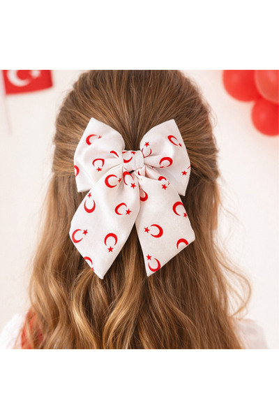 EL YAPIMI 23 April Girls' Hair Clip – Turkish Flag Patterned Big Bow Hair Cli...