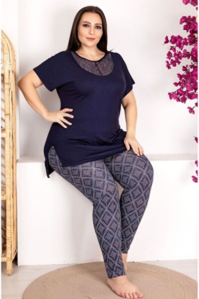 by İGP Navy Blue Lace Collar Short Sleeve Plus Size Pajama Set