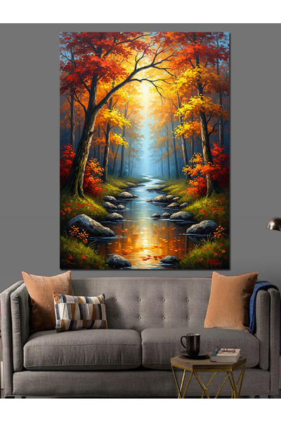 Artmeg Pânză decorativă cu peisaj de toamnă cu pădure și râu - Tablou din lem...