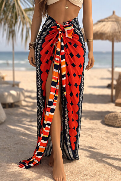 laviyonsa Red-Dark Blue Patterned Battal Chiffon Pareo