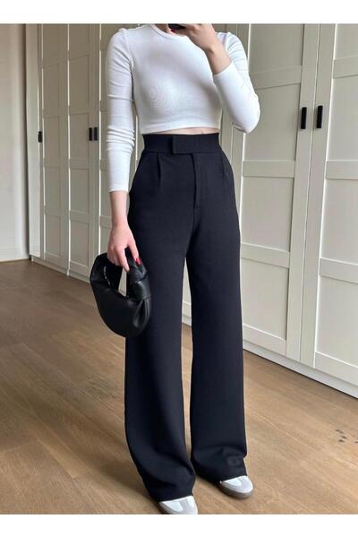 glanour Line Women's Lycra Velcro Closure Black Palazzo Trousers