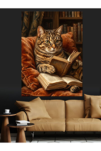 Artmeg Pânză decorativă cu pisică intelectuală citind o carte în bibliotecă -...