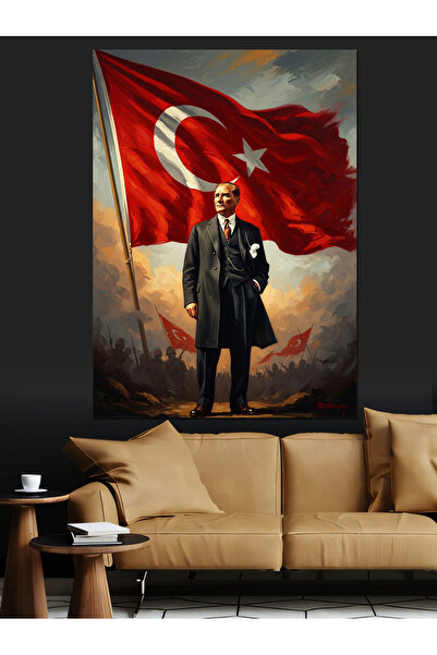 Tablo Mega Türk Bayrağı Önünde Atatürk Portresi Dekoratif Kanvas - Mdf Ahşap ...