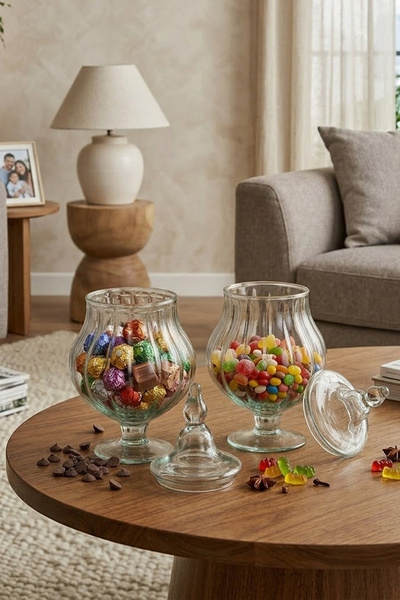 Nuha Home 27 Cm 2’li Ayaklı Kapaklı Cam Kurabiyelik & Şekerlik