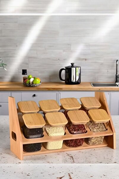 Akkoyunlu home 8-Piece Vacuum Glass Spice Jar Set with Bamboo Stands Kitchen ...