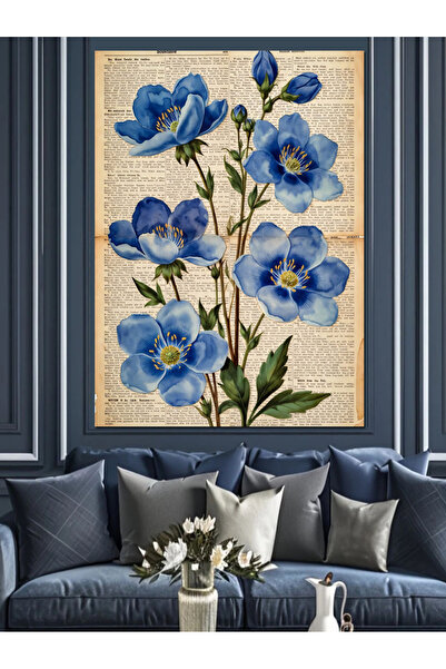 Artmeg Pânză decorativă cu pagină de carte veche cu flori albastre - Tablou d...