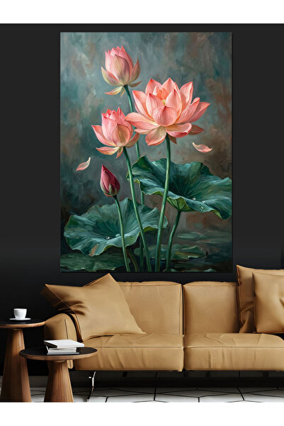 Tablo Mega Su Üzerinde Pembe Lotus Çiçekleri Dekoratif Kanvas - Mdf Ahşap Tablo