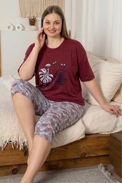 Farya Home Plus Size Cotton Piece Patterned Short Sleeve Bermuda Capri Pajama...
