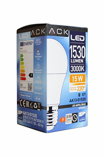 Aryes 15W E27 LED Ampul 3000K Doğal Sarı Işık 1530 Lümen Güçlü Işık