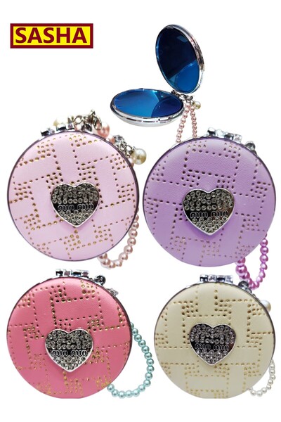 SASHA 4-piece portable round makeup mirror set, foldable, with a handbag atta...