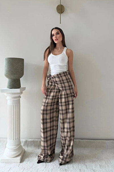 MOZENA Plaid Patterned Scarf Tie Detail High Waist Palazzo Pants