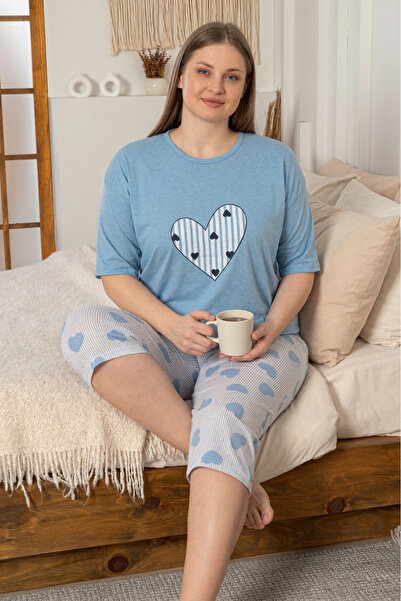 Farya Home Комплект пижама от памук с къси ръкави и шорти тип капри в големи ...