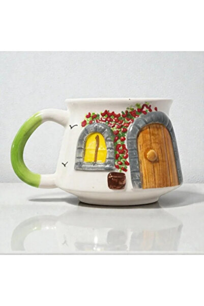 MARMORİ Ev Dekorlu Kabartma Kupa Üç Boyutlu, Mutlu Yuva Figürlü El İşi Serami...