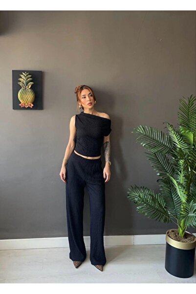 Butik Women's Waffle Fabric Boat Neck Cropped Blouse Trouser Set - Comfortabl...