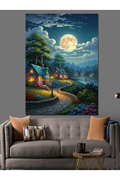 Tablo Mega Gece Işıklı Orman Evi Manzarası Dekoratif Kanvas - Mdf Ahşap Tablo