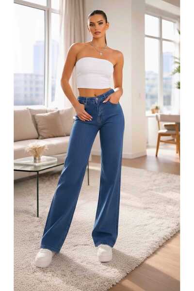 Lixera Carla Mavi Stretch Fabric High Waist Palazzo Jean Trousers