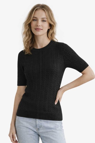 ModaAzen Black Short Sleeve Crew Neck Slim Fit Women's Sweatshirt