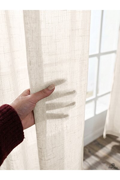 FAVOLLİ Krem Renk Keten Dokulu 1/3 Sık Pileli Zarif Tül Perde | Ütü İstemez |...