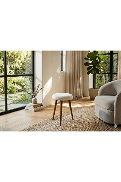 MİBİ LUXARY Modern Ahşap Ayaklı Yuvarlak Tabure – Yumuşak Oturumlu Dekoratif Puf