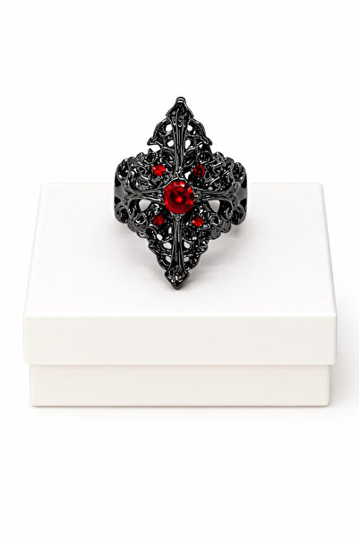 MakeWell Gotik Siyah Haç Tasarımlı Kırmızı Taşlı Yüzük – Gothic Punk Estetik ...