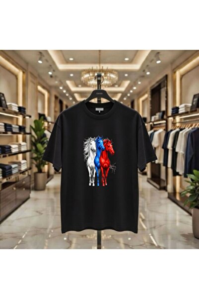 playwear Λευκό Μπλε Κόκκινο Μπλουζάκι με στάμπα αλόγου, 100% βαμβακερό, Overs...