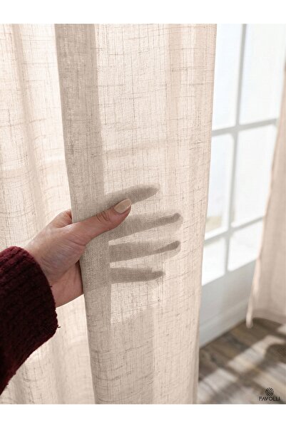 FAVOLLİ Hasır Rengi Keten Dokulu 1/3 Sık Pileli Zarif Tül Perde | Ütü İstemez...