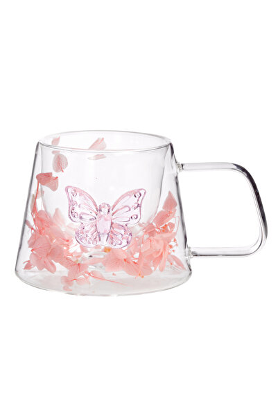 Malooki Double Glass Mug with Butterfly and Natural Dried Flowers, Romantic D...