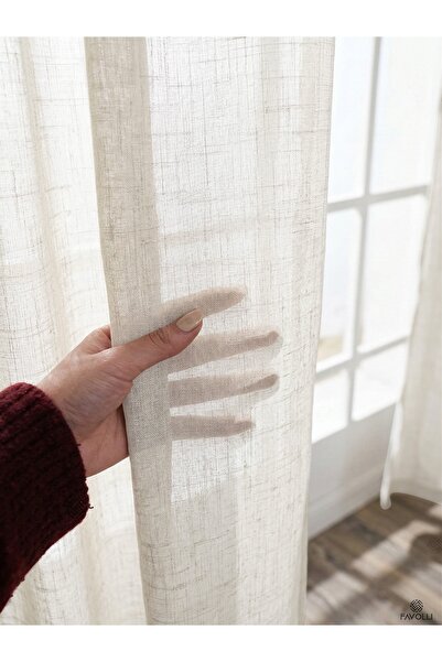 FAVOLLİ Bej Renk Keten Dokulu 1/3 Sık Pileli Zarif Tül Perde | Ütü İstemez | ...