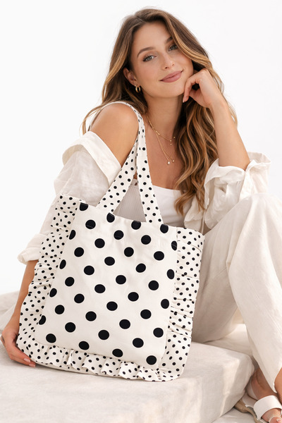 AYSHOME Ays Home Black White Polka Dot Pack Zippered Ruffle Thick Woven Digital Printed Beach Casual Bag