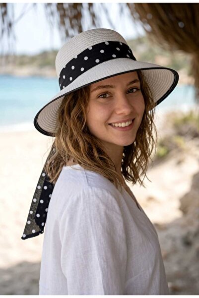 LAGRANZE Lunaria Women's Straw Hat with Polka Dot Bow Ties