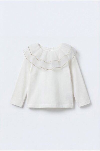 Magu Girl's Cotton Pack White Tulle Flounce Collar Blouse - Gold Striped Detail