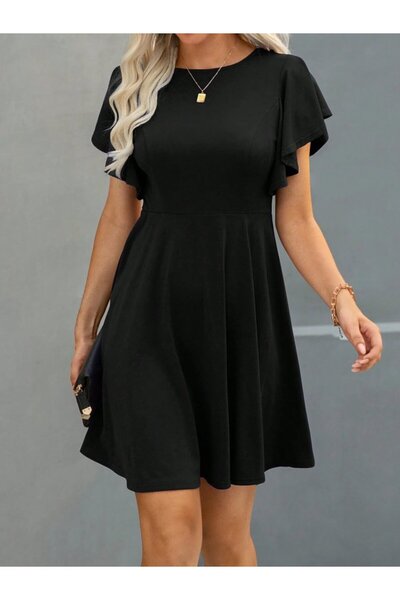 HYEM Women's Short-Sleeved Crew Neck Mini Kiloş Janjan Crepe Dress