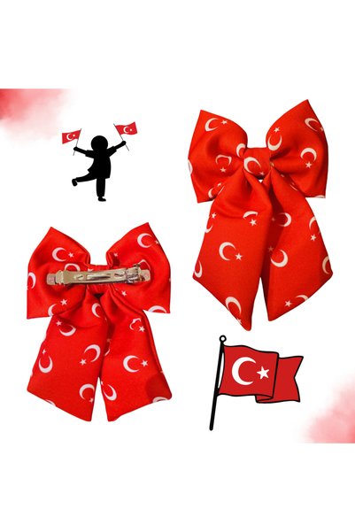 EL YAPIMI 23 Nisan Kız Çocuk Saç Tokası – Türk Bayrak Desenli Büyük Fiyonk Toka (10x14 cm)