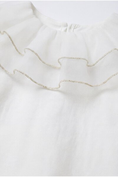 Magu Girl's Cotton Pack White Tulle Flounce Collar Blouse - Gold Striped Detail