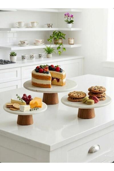 HÜCO BAZAAR 3 Boy Ahşap Ayaklı Şık Doğal Mermer Kek Kurabiye Standı Sunum Tep...