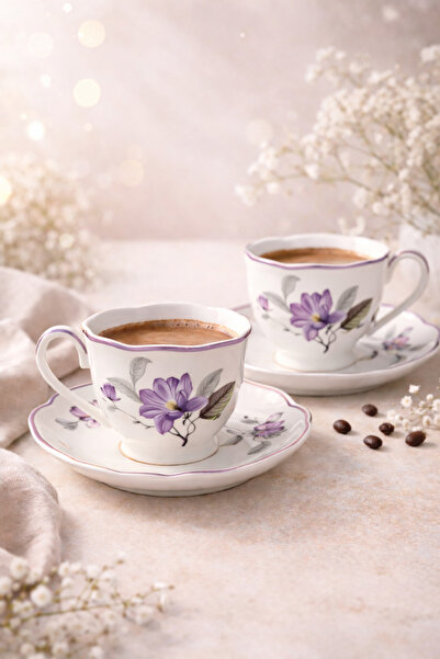 welcomein 2’li Porselen Kahve Fincan Takımı Çiçek Desenli Şık Sunumluk Türk K...