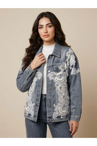 Rabiossa Women's Vintage Lace Detailed Stone Embroidered Denim Jacket