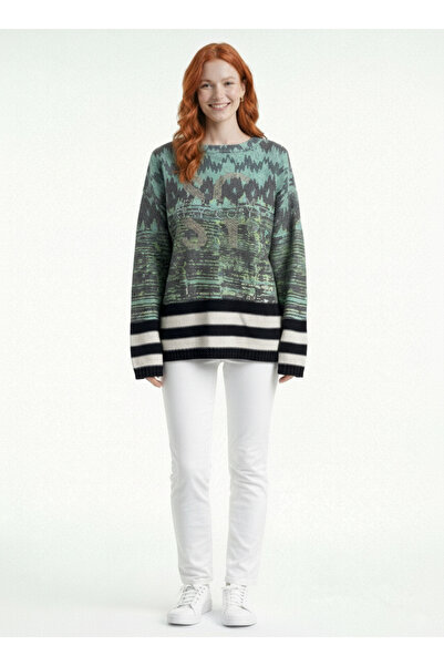 Neden Tekstil Crew Neck Skirt Striped Patterned Oversized Women's Knitwear Sw...