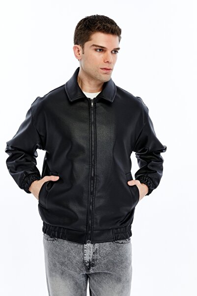 trender Peter Pan collar Men's Leather Coat and Jacket 933 Black