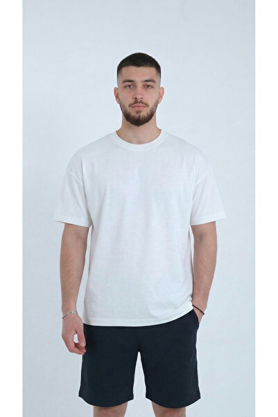 TKT Erkek Beyaz Renk Pamuklu T-shirt Penye Kumaş Sıfır Yaka Regular Tam Kalıp