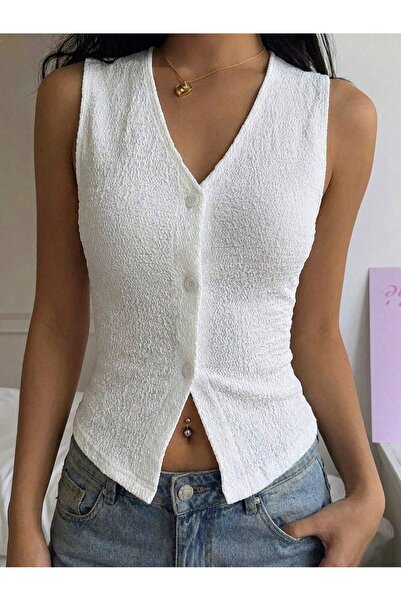 poswicon λευκή κοντή μπλούζα με κουμπιά και λαιμόκοψη σε σχήμα V Γιλέκο