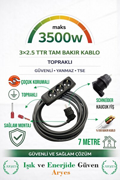Aryes 7 Metre 3'lü Uzatma Prizi 3×2,5 TTR Bakır Kablo L Tipi Kauçuk Fiş