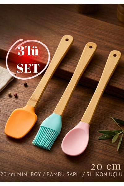 BRE HOME 3'lü Mini Silikon Hazırlık Seti - 20 cm Bambu Saplı Spatula, Fırça v...
