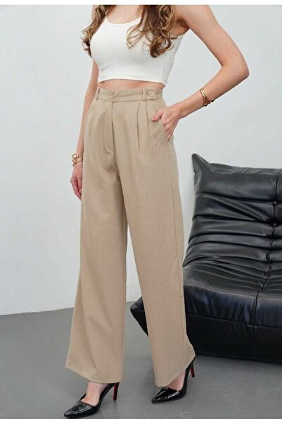 Niora Moda Women's Beige Wide-Leg Woven Palazzo Fabric Trousers