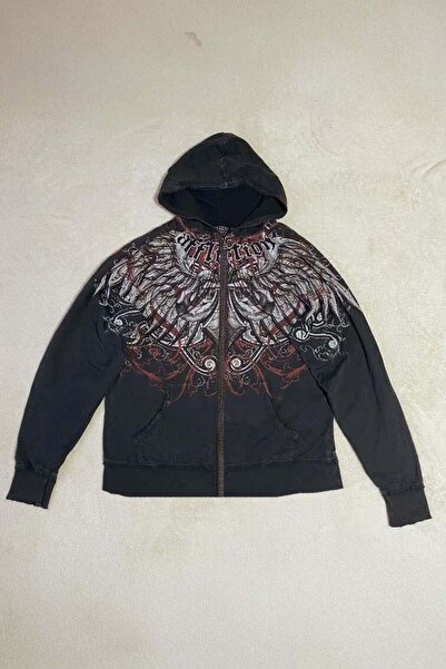 None Wear Siyah Affliction Wing Tribal Harajuku Y2K Kapüşonlu Unisex Hırka