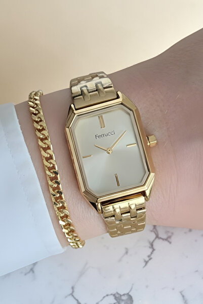 Ferrucci Bileklik Hediyeli Altın Sarısı Kadın Kol Saati 29 mm Dikdörtgen Kasa...